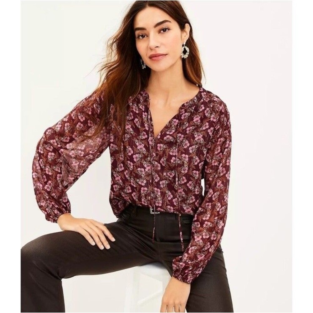 LOFT Smocked Tie Neck Floral Print Peasant Blouse Burgundy Shimmer Medium NWT's
